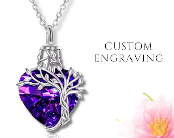 Tree of Life Heart Crystal Urn Necklace for Ashes Personalized Memorial Jewelry Custom Engraved Cremation Pendant for Human Pet Remembrance
