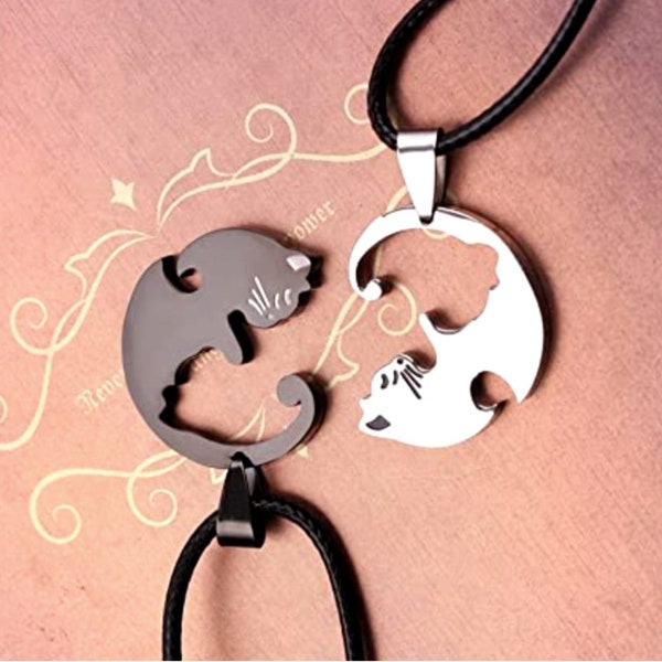 Cat Couple Necklace | Valentines Day Gift For Him | Long Distance Relationship Gift for Boyfriend | Valentines Day Matching Necklaces