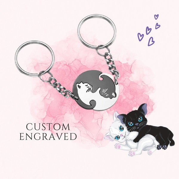 Long Distance Relationship Gift for Boyfriend | Couples Keychain Set | Cat Couple Keychain |Valentines Day Gift | Puzzle Keychain Engraved