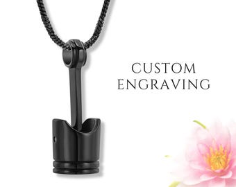 Piston Urn Necklace for Ashes Men’s Custom Engraved Cremation Jewelry Memorial Car Parts Pendant Keepsake for Human Pet Ashes Sympathy Gift