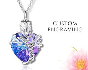 Crystal Urn Necklace for Human or Pet Ashes Custom Engraved Cremation Memorial Tree of Life Heart Pendant Jewelry for Women as Sympathy Gift