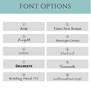 May include: A chart with ten font options, numbered 1 through 10. The font names are Arial, Times New Roman, Scriptb, Monotype Corsiva, GINZEL, ItalicT, COLLEGIATE, Sacramento, Bradley Hand ITC, and snellroundhand script.