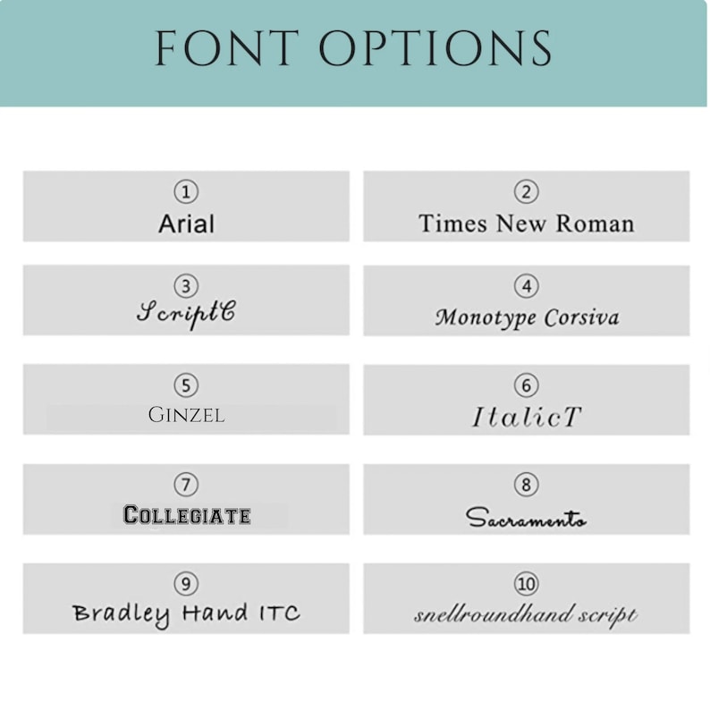 May include: A chart with ten font options, numbered 1 through 10. The font names are Arial, Times New Roman, Scriptb, Monotype Corsiva, GINZEL, ItalicT, COLLEGIATE, Sacramento, Bradley Hand ITC, and snellroundhand script.