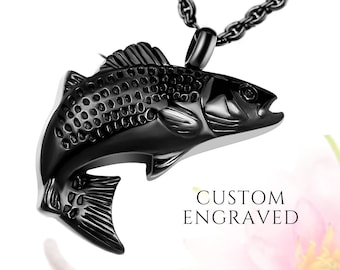 Fish Urn Necklace for Human Ashes for Men | Fisherman Fishing Urn Necklace Cremation Jewelry Men | Engraved Memorial Mens Urn Necklace Ashes