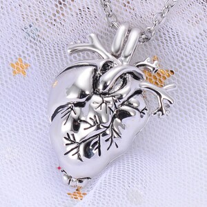 May include: Silver anatomical heart pendant necklace. The heart is detailed with veins and arteries. The necklace is on a white background.