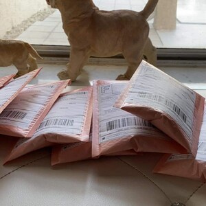 May include: A stack of pink padded envelopes with white labels and barcodes. The labels have text that includes "USPS" and "First Class Mail".