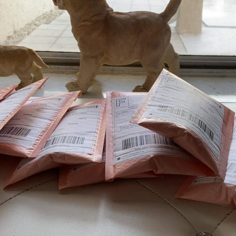 May include: A stack of pink padded envelopes with white labels and barcodes. The labels have text that includes "USPS" and "First Class Mail".