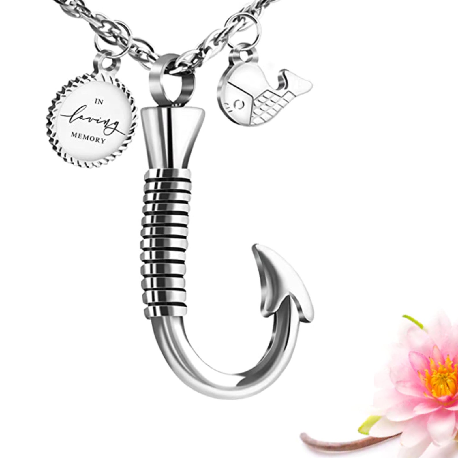 Fishing Hook Urn Necklace For Ashes Cremation Jewelry For Ashes Urn Memorial Necklace Fish Hook Design Stainless Steel Pendant Keepsake Ashes Holder Men