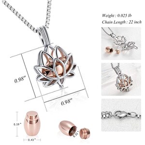 May include: A silver and rose gold lotus flower pendant necklace. The pendant is 0.98 inches wide and features a detailed design. The chain is 22 inches long. Also shown is a rose gold urn, 0.59 inches tall and 0.43 inches wide.