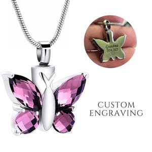 Butterfly Cremation Urn Necklace for Ashes – Custom Engraved Memorial Jewelry – Personalized Urn Pendant Cremation Jewelry Purple Crystals