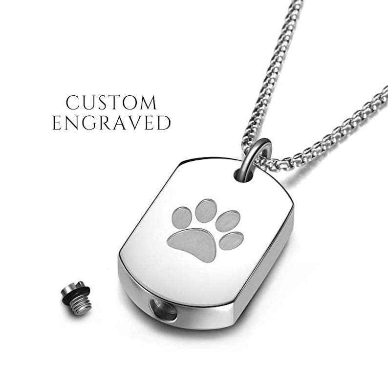 This Pet Urn Necklace for ashes crafted in stainless steel will never tarnish or fade away. Keep your pets with you always.