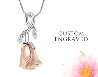 Rose Flower Urn Necklace for Women Custom Engraved | Rose Flower Cremation Jewelry | Memorial Jewelry Cremation Necklace | Sympathy Gift