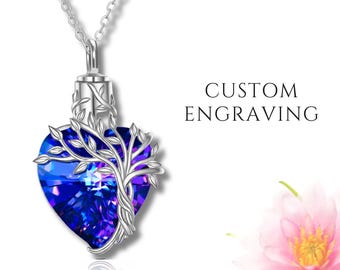 Collar con colgante de urna de cristal en forma de corazón con el Árbol de la Vida para cenizas humanas o de mascotas, joyería conmemorativa de cremación grabada a medida para mujeres como regalo de condolencia