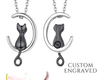 Cat Memorial Jewelry | Black Cat Cremate Necklace | Cat on Moon | Cat Urn Jewelry | Cremation Necklace | Necklace For Cat Ashes