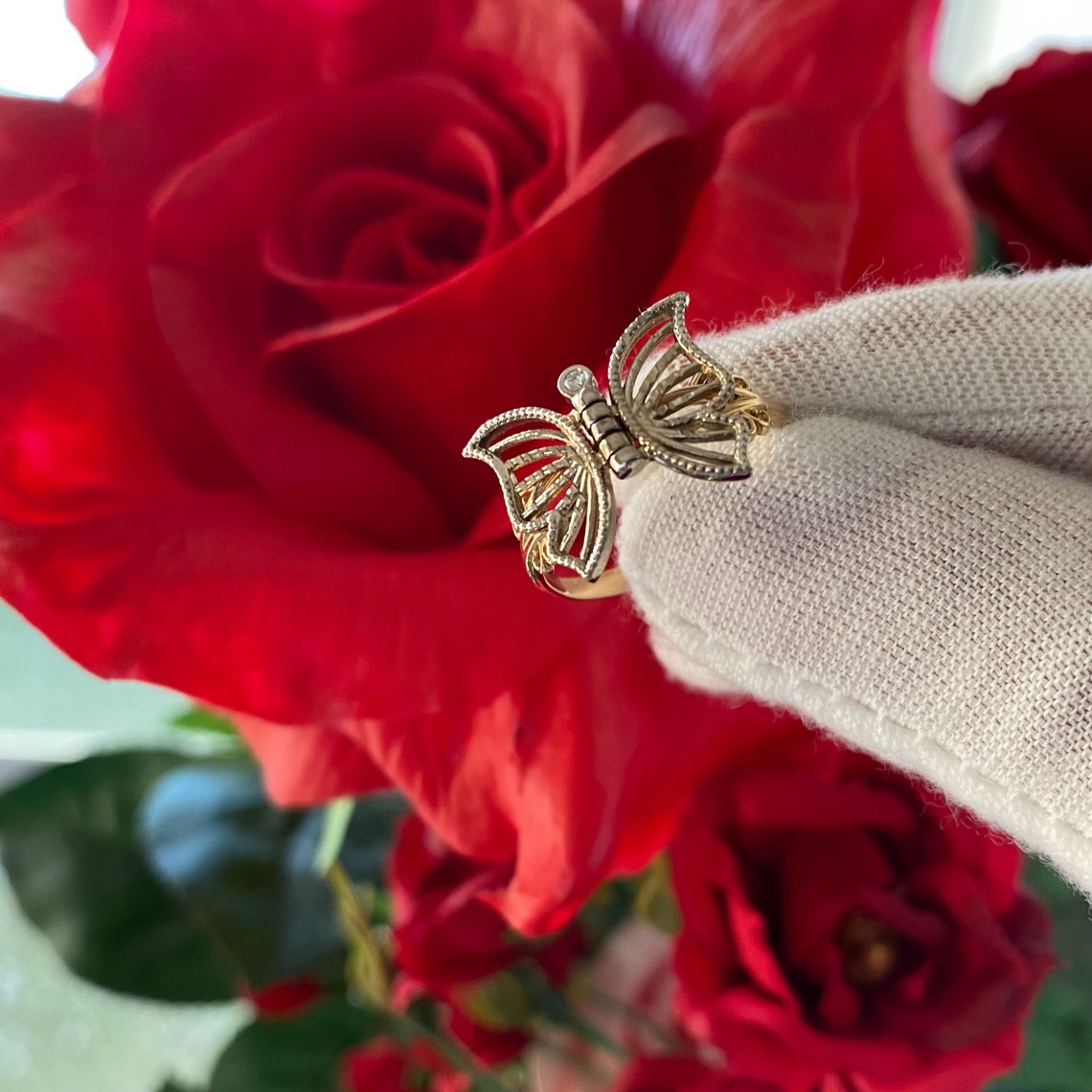 Butterfly Ring With Moving Wings 14K Diamond Butterfly Ring Etsy