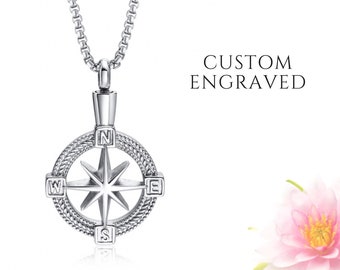 Compass Mens Urn Necklace for Human Ashes for Man | Custom Engraved Cremation Memorial Locket Necklace | Jewelry Human Ashes | Gift for Him