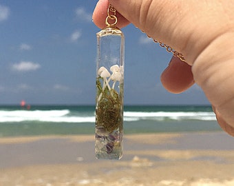 Mushroom Necklace | Handmade Mushroom Jewelry | Crystal point necklace | Terrarium Moss Necklace | Terrarium Jewelry | Mother's Day Gift