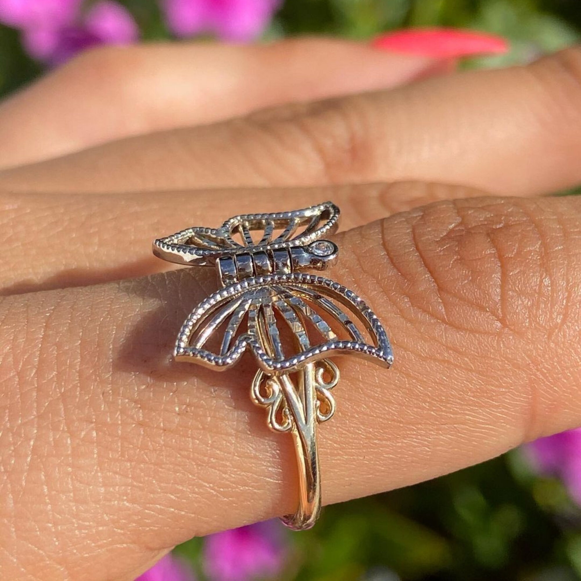 Butterfly Ring With Moving Wings 14K Diamond Butterfly Ring Etsy