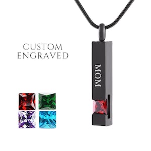 Custom Birthstone Urn Necklace for Human and Pet Ashes | Cremation Memorial Jewelry 4 Sides Bar Vertical Pendant Necklace