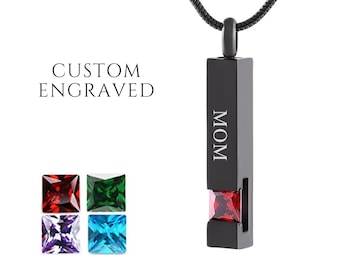 Custom Birthstone Urn Necklace for Human and Pet Ashes | Cremation Memorial Jewelry 4 Sides Bar Vertical Pendant Necklace