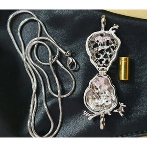 May include: A silver necklace with a detailed, openwork pendant shaped like a bird. The pendant is open and reveals a small, empty compartment inside. The necklace is on a black velvet background.