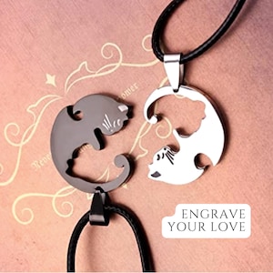 Couple Jewelry Necklace Set | Valentines Day Gift For Him Boyfriend Wife | Ying Yang Cat Two Name Necklace | Long Distance Matching Necklace