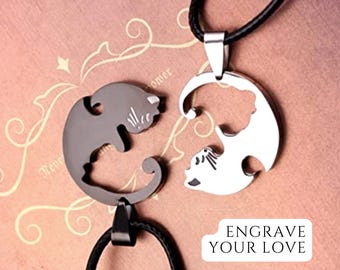 Couple Jewelry Necklace Set | Valentines Day Gift For Him Boyfriend Wife | Ying Yang Cat Two Name Necklace | Long Distance Matching Necklace