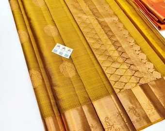 Silk mark certified pure kanjivaram silk saree | Pure Kanchipuram Handloom Pattu Silk Saree| Kanjipuram pattu Mustard & Orange