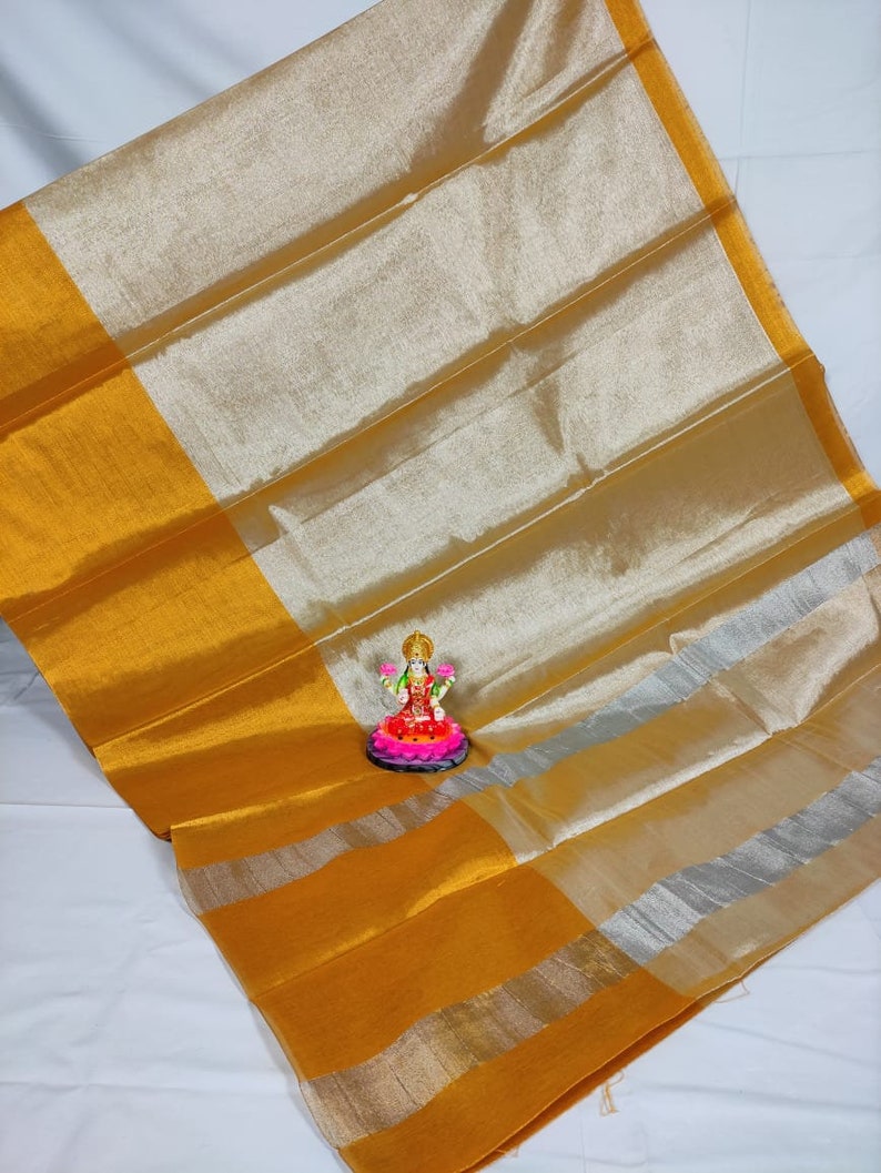 Beautiful Pure Uppada Gold Silver Tissue Saree Big Border 3 Sisters