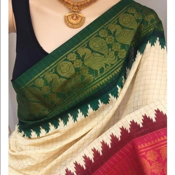 Saris Madurai Sungudi 100 % coton à carreaux zari, bordure contrastante sur les branches Ganga Jamuna | Sari en coton de l'Inde du Sud sans chemisier