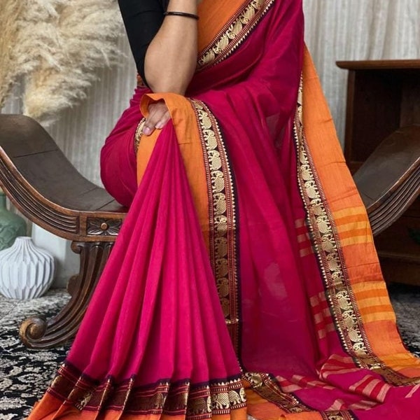 Narayanpet Saree en pur coton avec chemisier / | doux tissé à la main Saree indien | Cadeau pour maman | Saree avec blouse Saree pour femme | Sari