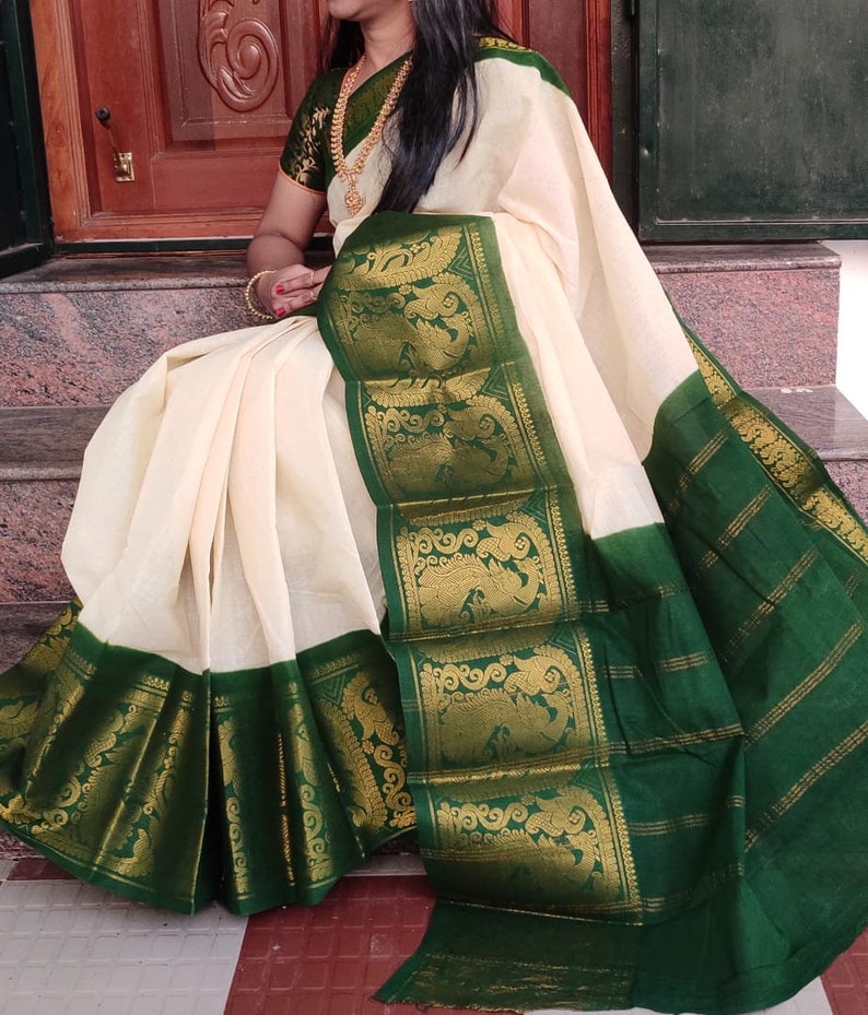 Madurai sungudi cotton Saree zari White & color sarees Mayuri long border saree South Indian Saree Saree For Women Sari White & green