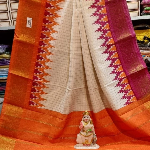 Madurai Sungudi Pure Cotton Sarees with zari checks all over, multi contrast Ganga Jamuna temple border | south Indian Cotton Saree