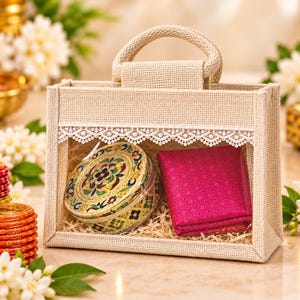 Pack of 10 Jute Bags with Decorative Lace Windows and Handles Indian return gift bag, Pooja, Wedding, Diwali gift, house warming, Birthday