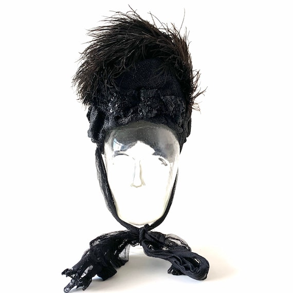Victorian Mourning Bonnet Hat Ostrich Feather