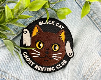 Black Cat Ghost Hunting Club ~ 3 inch Iron On Patch ~ Embroidered Patch