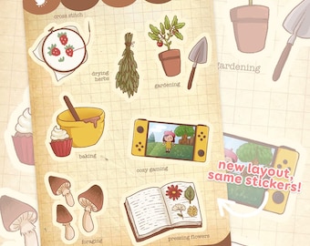 Cottagecore Hobbies ~ Folha de adesivos ~ Adesivos brilhantes ~ Adesivos de diário ~ Bullet Journal ~ Adesivos de planejador