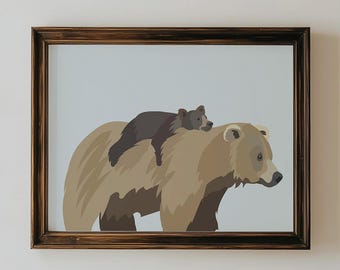 クマと子熊のアートプリント：居心地の良い森の子供部屋の装飾（デジタルダウンロード）