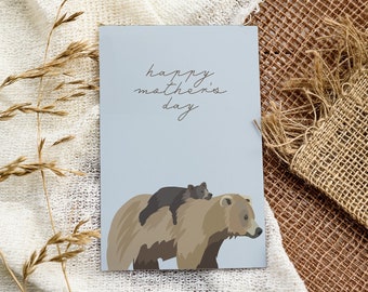 Printable Happy Mother's Day Card | Cuddly Mama Bear Cottagecore Design | Neutral Simple Card for Nature Lovers | Instant Download PDF