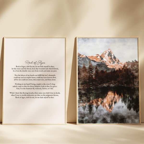 Rock of Ages - Printable Christian Art - Mountain Watercolor Print Set - Inspirational Hymn Lyric Wall - Gift for Christian