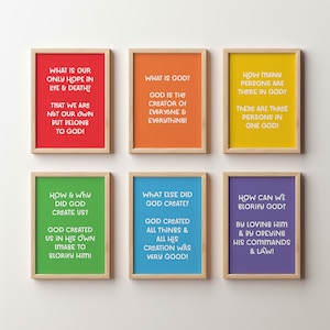 Christian Nursery Decor: Catechism Questions for Kids Print - Reformed Art Homeschool Bright Rainbow Set - New City Catechism 6 Question Set