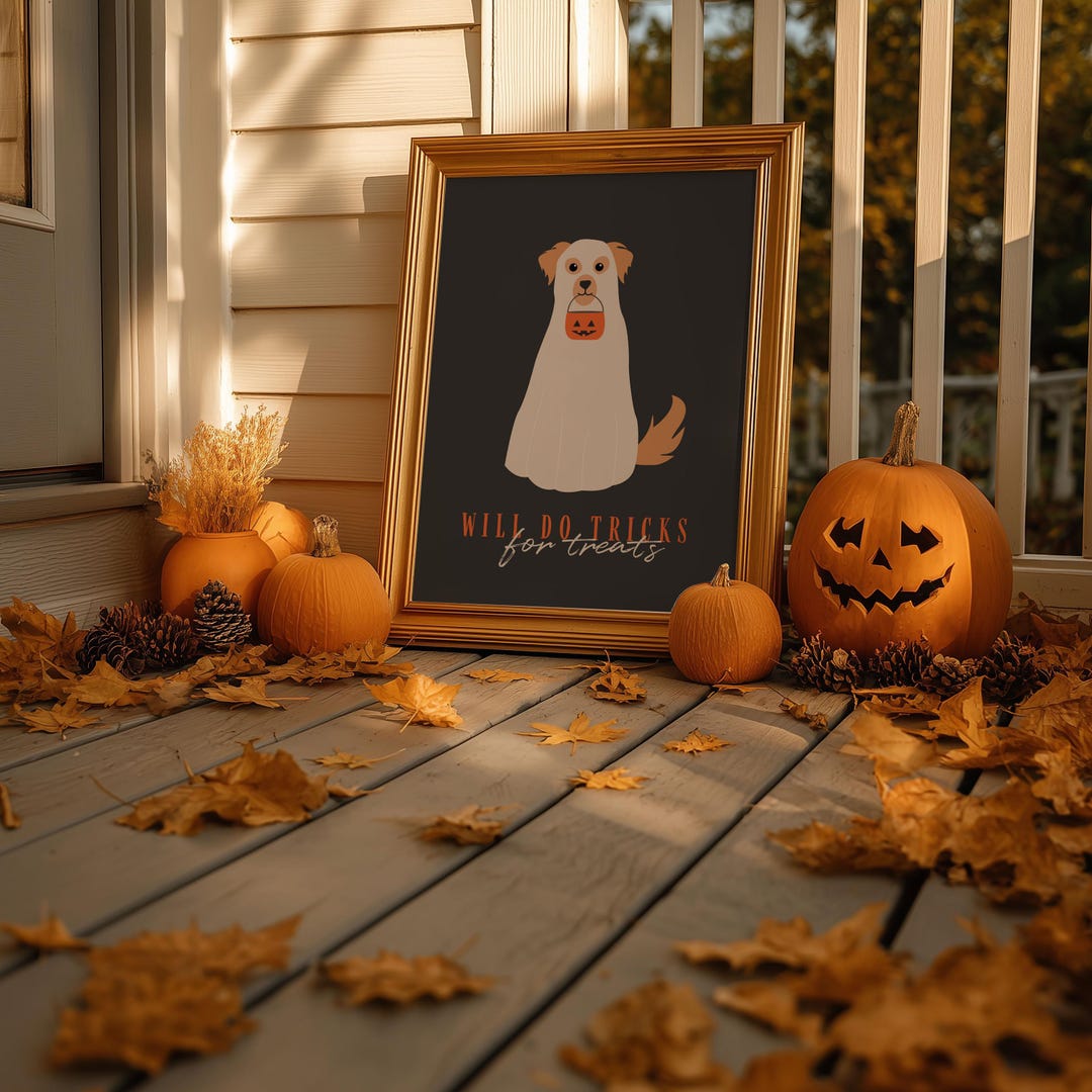 Trick or Treat Halloween Dog Art Print – Golden Retriever Ghost Costume ...