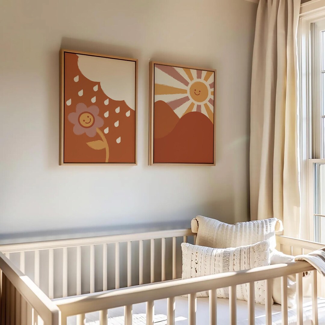 Neutral Nursery Wall Art Set – Happy Sun and Rainy Flower Prints ...