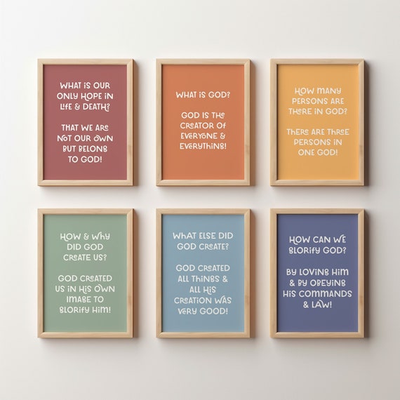 Christian Nursery Decor: Catechism Questions for Kids Print - Reformed Art Homeschool Pastel Rainbow Set - New City Catechism 6 Question Set