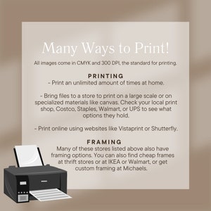 以下が含まれることがあります： 「Many Ways to Print!」というテキストと、印刷と額装のオプションに関する情報が書かれたグラフィック。テキストには、すべての画像が印刷の標準であるCMYKと300 DPIで作成されていることが記載されています。グラフィックには、プリンターのアイコンも含まれています。