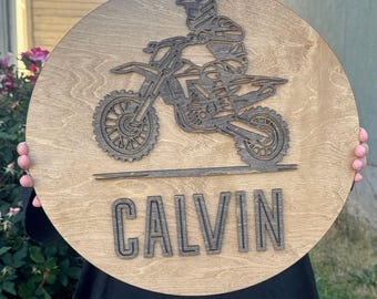 Custom Dirt Bike Name Sign Personalized Wood Motorcycle Nursery Wall Decor Toddler Baby Boy Room Motocross Baby Shower Gift Idea Wall Art