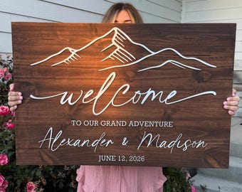 Custom Wedding Welcome Sign 3D Raised Wood letter Wedding Sign with Names Rustic Wedding Mountain Welcome to our Grand Adventure Sign