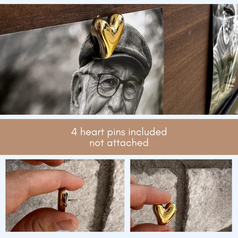 May include: A gold-colored heart-shaped pin attached to a black and white photograph. The image also shows the text "4 heart pins included not attached". Additional images show the pins held by a hand.