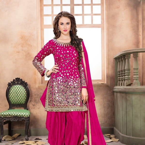 Punjabi Patiala Dress Indian Pakistani Wedding Wear Salwar Patiala Suits Ready to Wear Heavy Mirror Worked Heavy Net Dupatta Dress