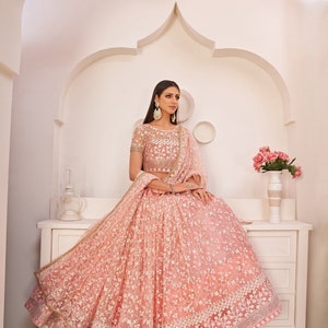 Light pink Indian Fancy Thread Work With Sequence Work Lehenga with designer light pink blouse & net dupatta bollywood trend party wear